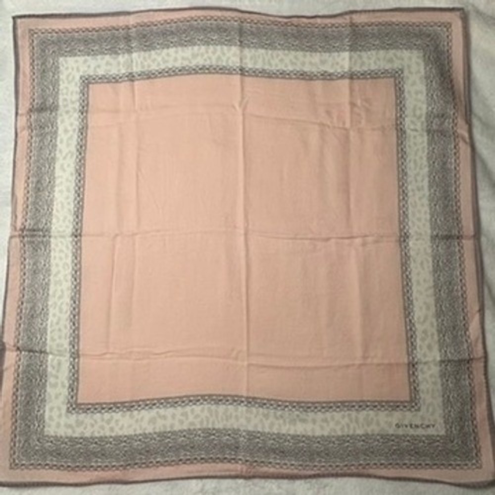 Vtg GIVENCHY Scarf Handkerchief Leopard Lace Pink Gray 18.5"
